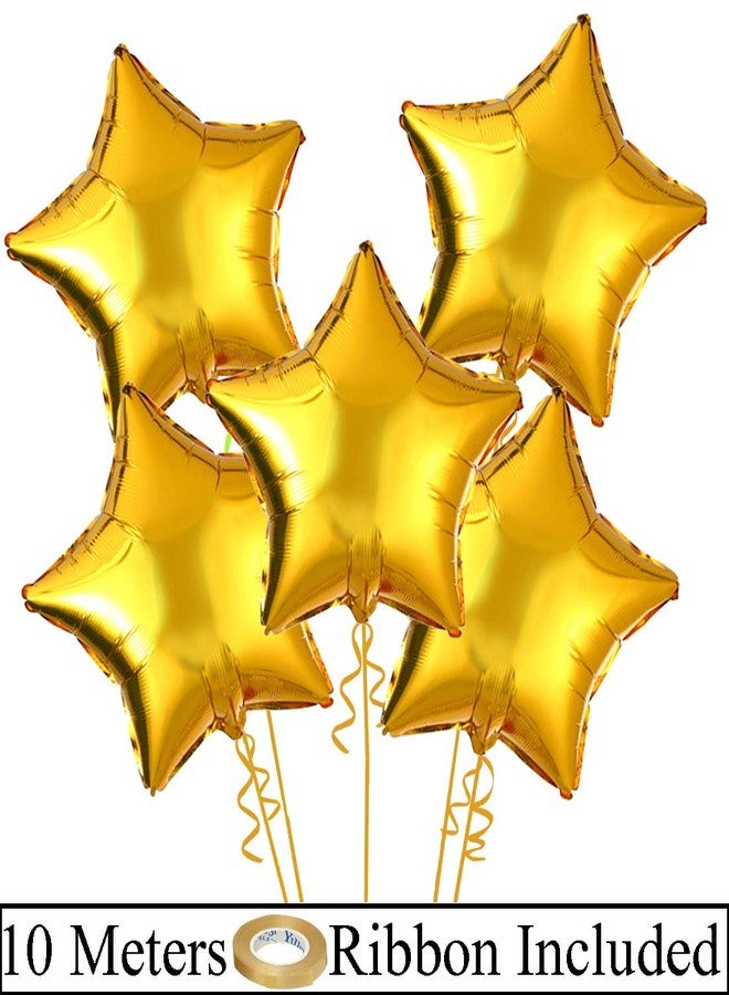AMFIN® (Pack of 5) 18 Inch Star Shape Foil Balloon with Balloons Ribbon for Birthday, Baby Shower, Wedding Anniversary Party Home Decoration/Kids Birthday Decoration Items - Golden - Image 2
